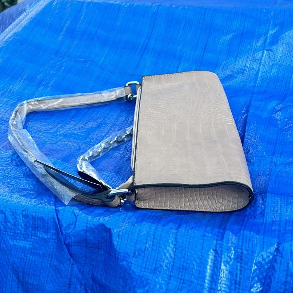 K. Carroll Taupe color Lauren Baguette Satchel. Vegan leather, croc texture